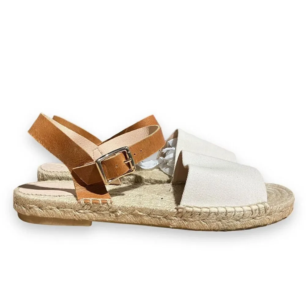 J. Crew Espadrilles WMNS 11 White Canvas Leather Made Spain ankle strap Open Toe